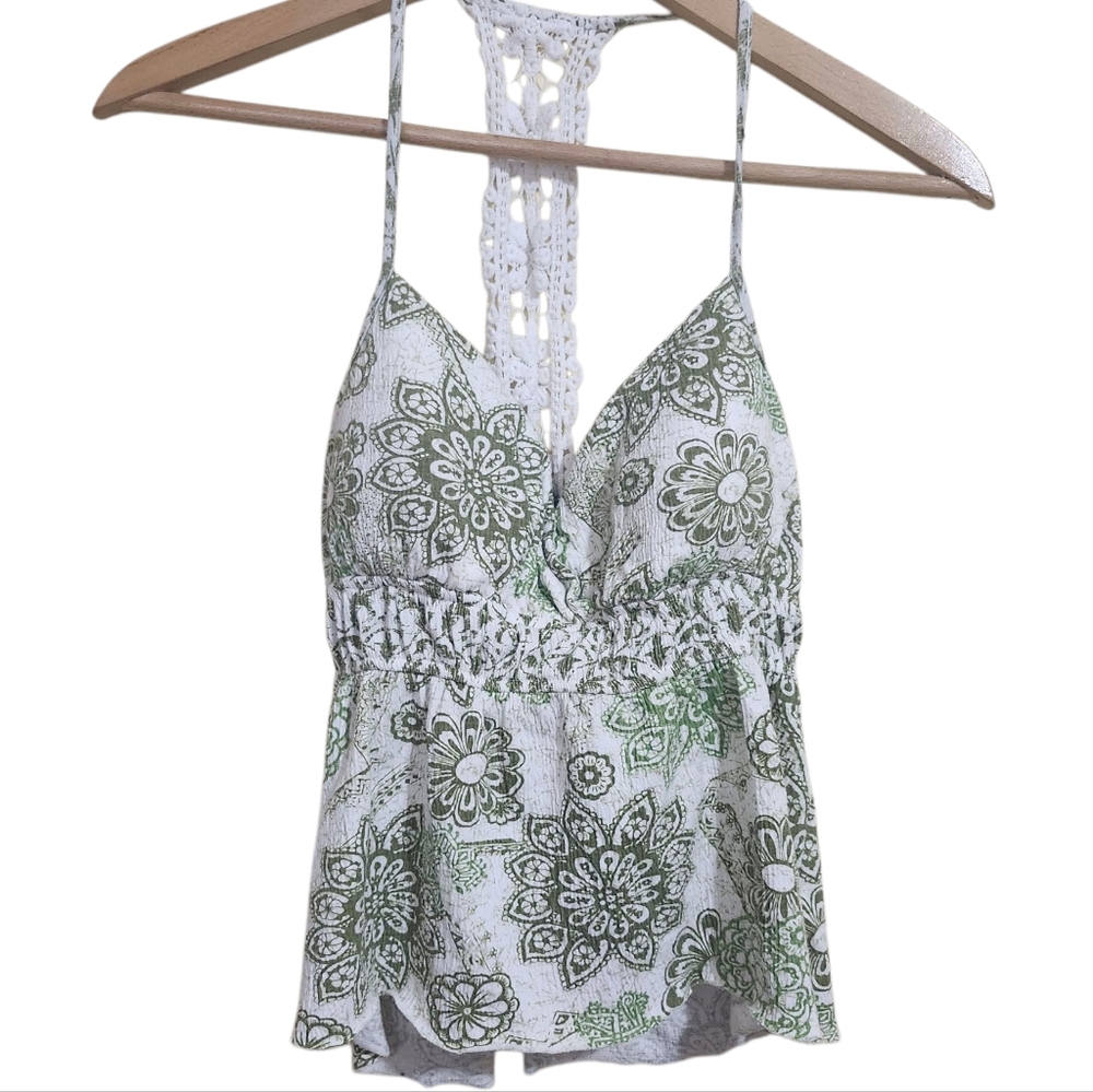 Self Easteem Cami Tank Top White Green Floral Crochet Details Y2K Style‎ Large